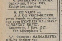 19171106 Nieuwsblad van het Noorden - geboortebericht